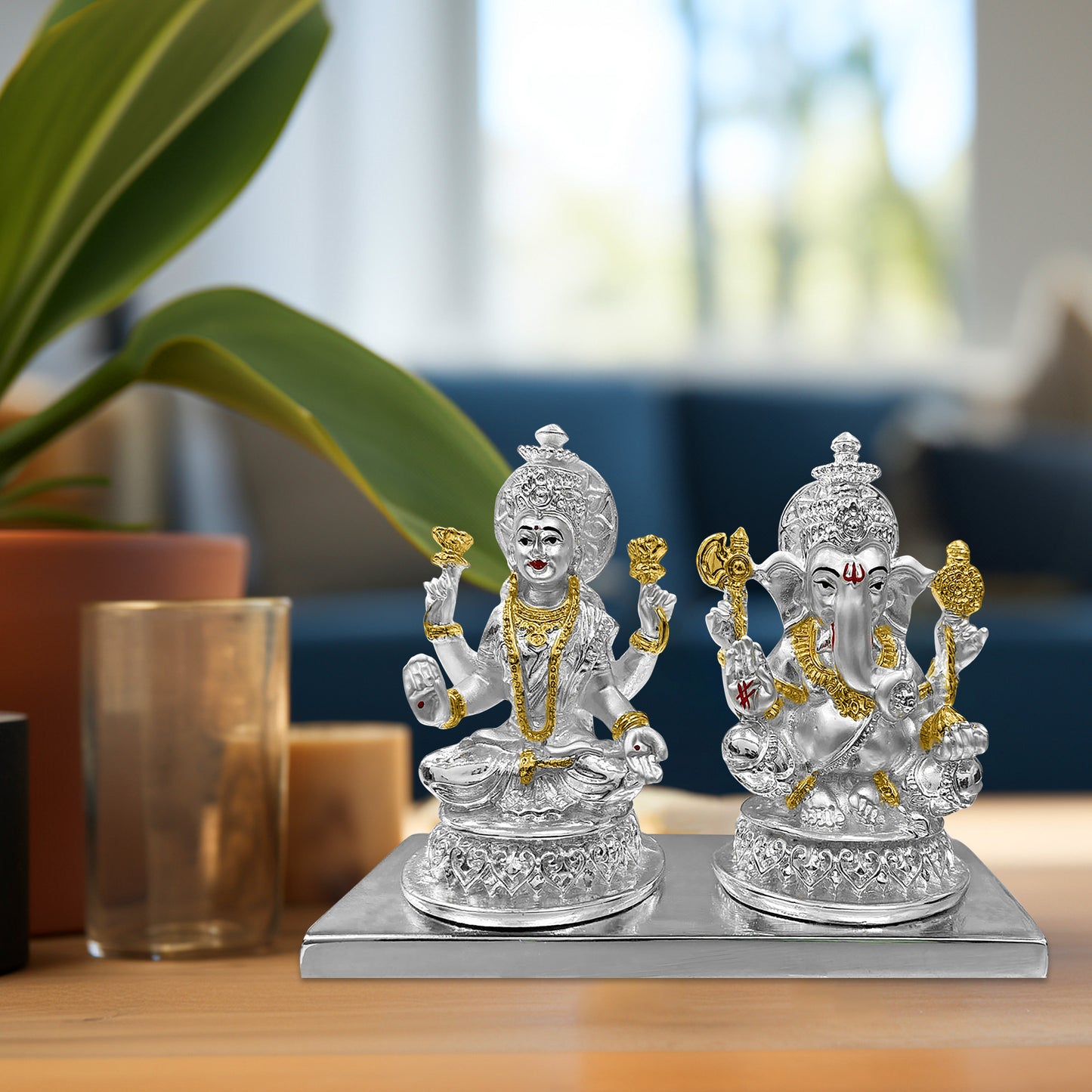 Diviniti 999 Silver Laxmi Ganesh Idol Statue Divine Emblem of Prosperity and Good Fortune for Home Office Décor, Tabletop, Puja Room Gift (10x6.5 CM)