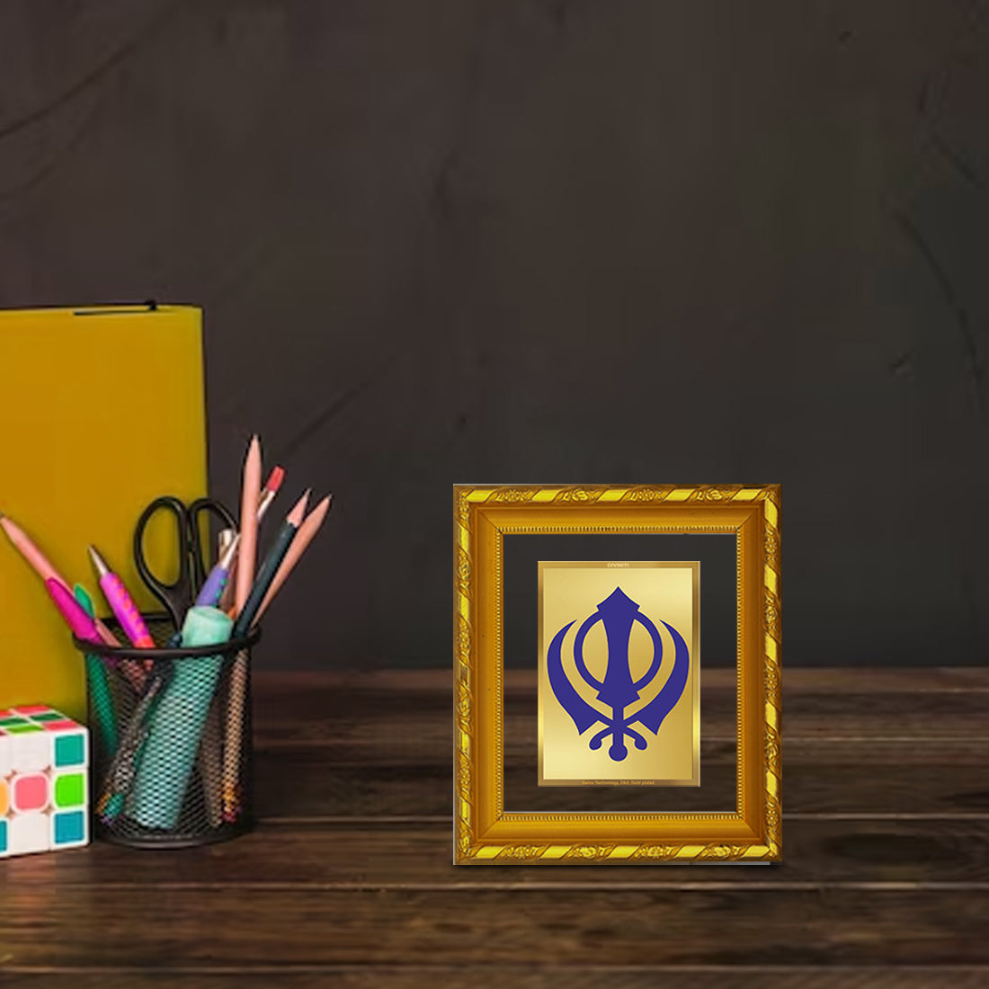 DIVINITI 24K Gold Plated Foil Khanda Sahib Photo Frame for Living Room Decor, Worship, Gift DG 103 Size 1 (15.3x14.9 CM)