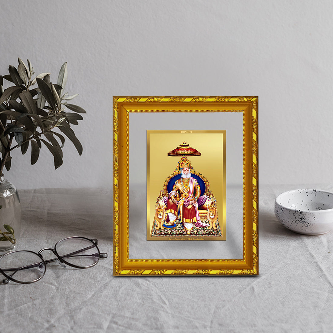 DIVINITI 24K Gold Plated Agrasen Maharaj Wooden Elegant Photo Frame Idol for Wall Hanging, Workshop, Table Top, Home Decor, Luxury Gift | DG103 Size 2 (22.6x18.4 CM)