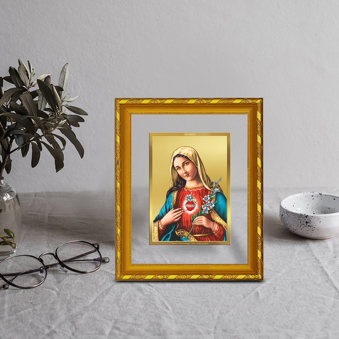 DIVINITI 24K Gold Plated Mother Mary Photo Frame Idol for Wall Hanging, Workshop, Table Top, Home Decor, Gift|DG103 Size 2 (22.6x18.4 CM)