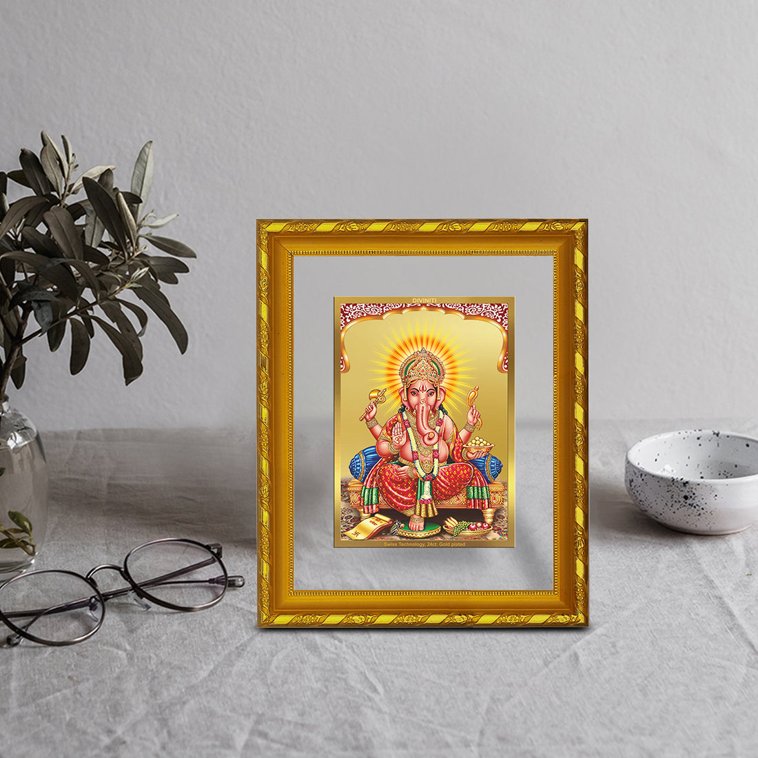 DIVINITI 24K Gold Plated Foil Ganesha Photo Frame for Home Wall Decor, Workshop, Table Top, Gift|DG103 Size 2 (22.6x18.4 CM)