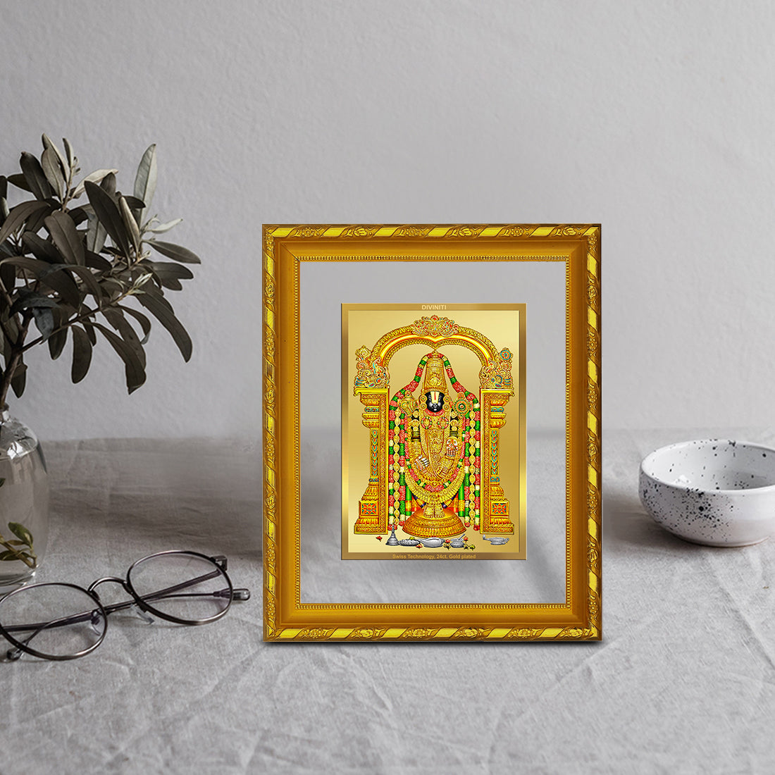 DIVINITI 24K Gold Plated Tirupati Balaji Wooden Luxurious Photo Frame Idol for Home Wall Decor, Workshop, Table Top, Premium Gift | DG103 Size 2 (22.6x18.4 CM)