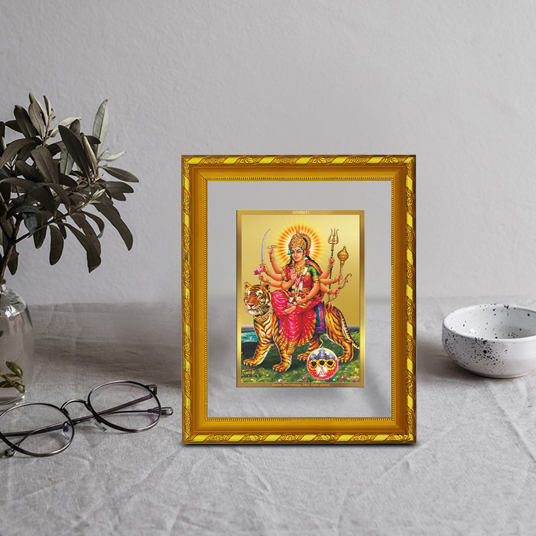 DIVINITI 24K Gold Plated Lord Durga Wooden Elegant Photo Frame Idol for Wall Hanging, Workshop, Table Top, Home Decor, Luxury Gift | DG103 Size 2 (22.6x18.4 CM)