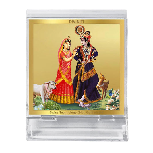 Diviniti 24K Gold Plated Radha Krishna Acrylic Frame for Car Dashboard, Home Decor, Tabletop, Puja Room, Festival Gift ACF3A (5.8x4.8 CM)