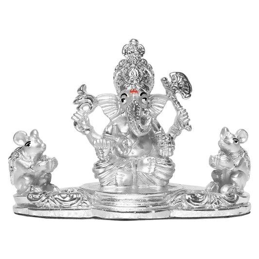 DIVINITI 999 Silver Plated Lord Ganesha And Mooshak Idol Statue For Home Decor, Table Top, Workshop, Puja Room (8.7x11.6 CM)