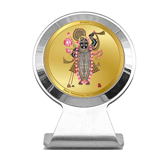 Diviniti 24K Gold Plated Shrinath ji Frame for Car Dashboard, Home Decor, Worship, Tabletop & Festival Gift MCF1CR (6.2x4.5 CM)