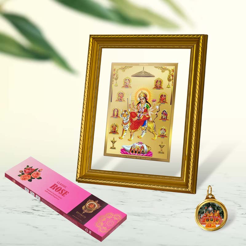 DIVINITI Nav Durga DG 2.5 Gold Plated Photo Frame, 24K Double sided Gold Plated Pendant 18 MM and Classic Rose Incense Sticks For Navratri Festival Prayer & Auspicious Occasion (Combo Pack)