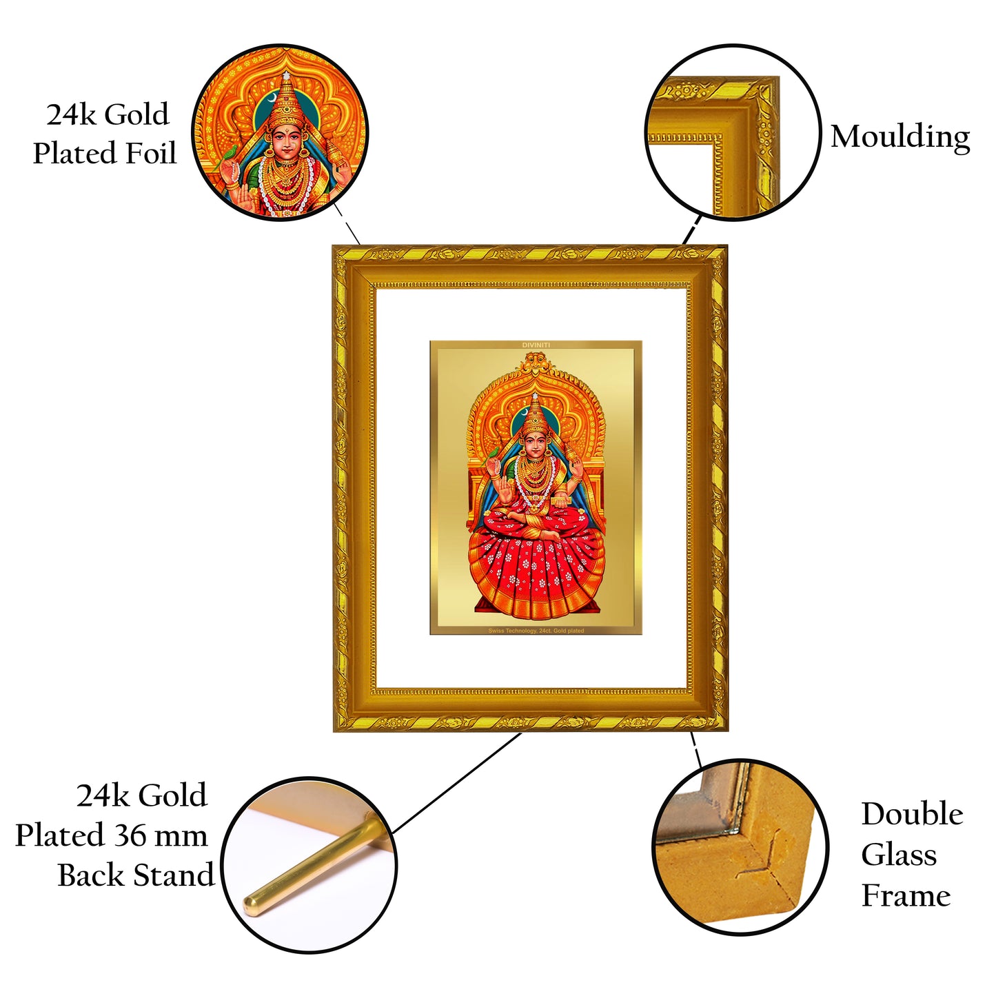 DIVINITI 24K Gold Plated Sharda Mata Wooden Traditional Photo Frame Idol for Home Wall Decor, Workshop, Table Top, Premium Gift | DG103 Size 2 (22.6x18.4 CM)