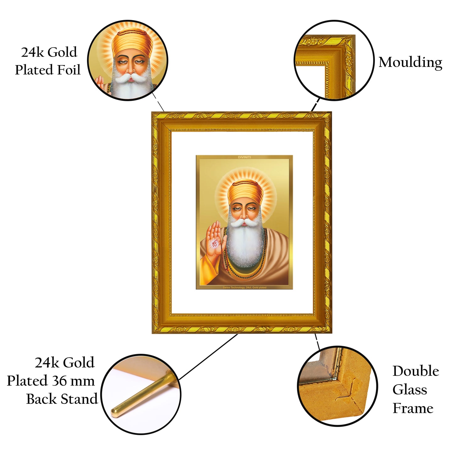 DIVINITI 24K Gold Plated Foil Guru Nanak Photo Frame for Home & Office Decor, Wall Hanging, Workshop, Table Top, Gift|DG103 Size 2 (22.6x18.4 CM)