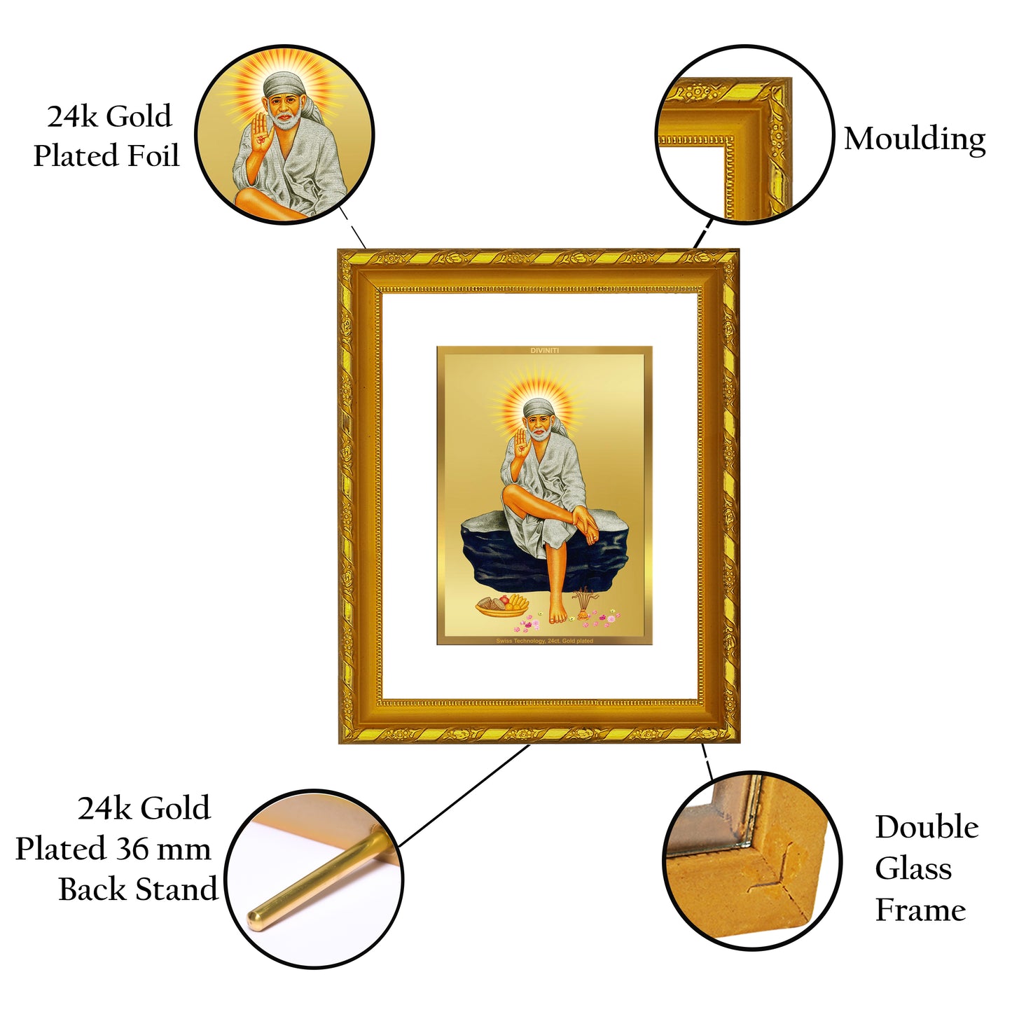 DIVINITI 24K Gold Plated Sai Baba Wooden Luxurious Photo Frame Idol for Home Wall Decor, Workshop, Table Top, Premium Gift | DG103 Size 2 (22.6x18.4 CM)