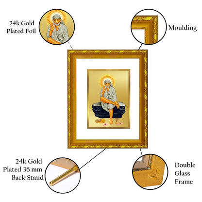 DIVINITI 24K Gold Plated Sai Baba Wooden Luxurious Photo Frame Idol for Home Wall Decor, Workshop, Table Top, Premium Gift | DG103 Size 2 (22.6x18.4 CM)