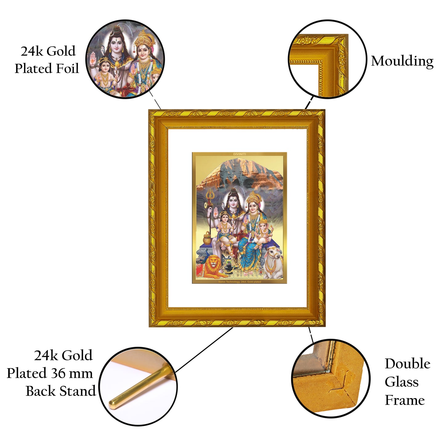 DIVINITI 24K Gold Plated Lord Shiv Parivar Wooden Modern Photo Frame Idol for Puja Room, Home Wall Decor, Workshop, Table Top, Premium Gift | DG103 Size 2 (22.6x18.4 CM)