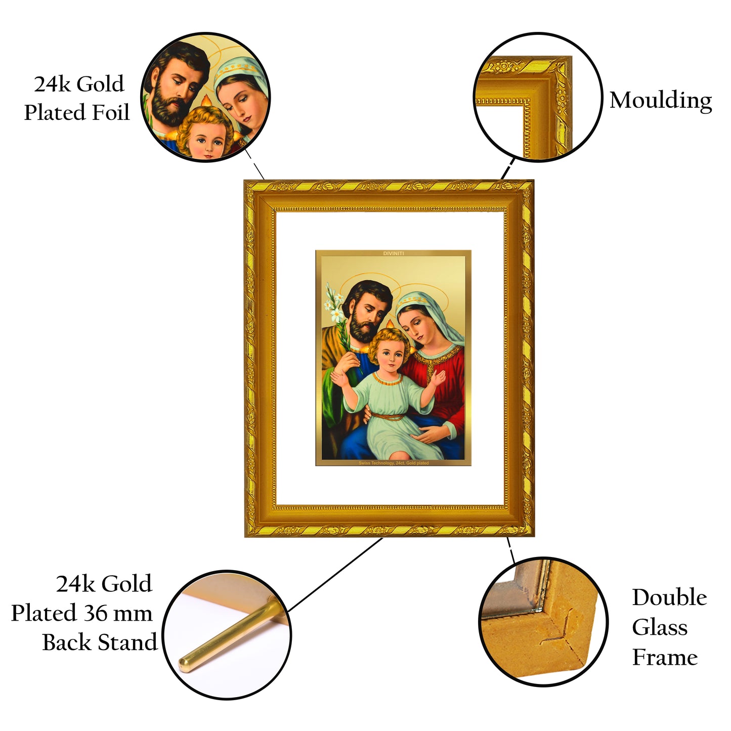 DIVINITI 24K Gold Plated Holy Family Wooden Classic Photo Frame Idol for Home Decor, Puja Room, Table Top, Wall Hanging, Workshop, Luxurious Gift | DG103 Size 2 (22.6x18.4 CM)