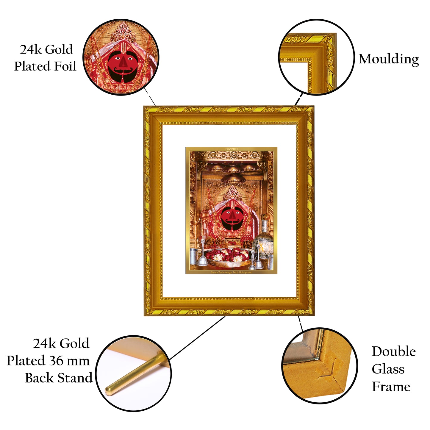 DIVINITI 24K Gold Plated Salasar Balaji Wooden Photo Frame Idol for Home Decor, Puja Room, Table Top, Wall Hanging, Workshop, Luxurious Gift | DG103 Size 2 (22.6x18.4 CM)