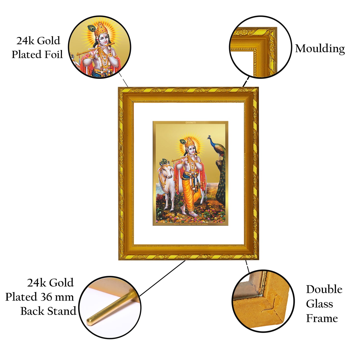 DIVINITI 24K Gold Plated Foil Lord Krishna Photo Frame Idol for Home Wall Decor, Workshop, Table Top, Gift|DG103 Size 2 (22.6x18.4 CM)