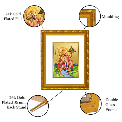 DIVINITI 24K Gold Plated Foil Lord Hanuman Photo Frame Idol for Wall Hanging, Workshop, Table Top, Home Decor, Gift|DG103 Size 2 (22.6x18.4 CM)