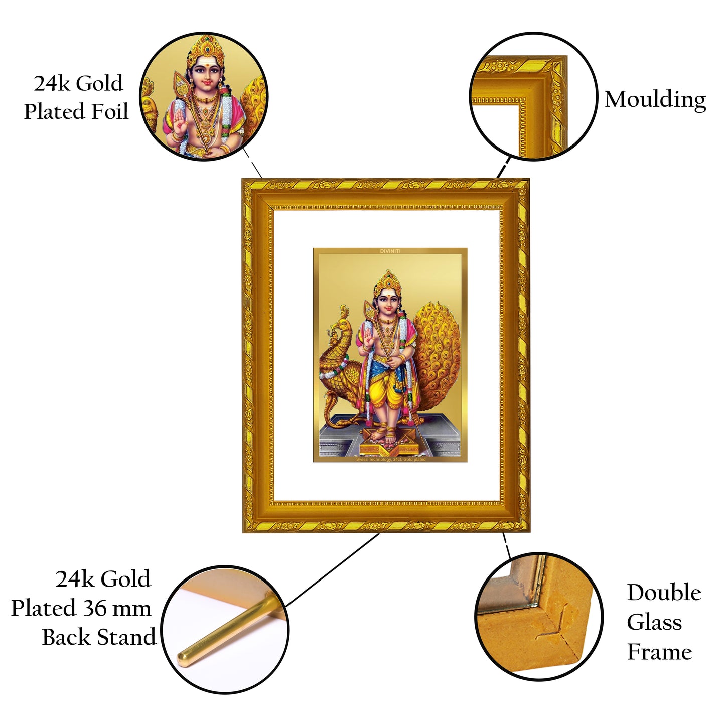 DIVINITI 24K Gold Plated Foil Karthikey Photo Frame Idol for Home Wall Decor, Workshop, Table Top, Gift|DG103 Size 2 (22.6x18.4 CM)