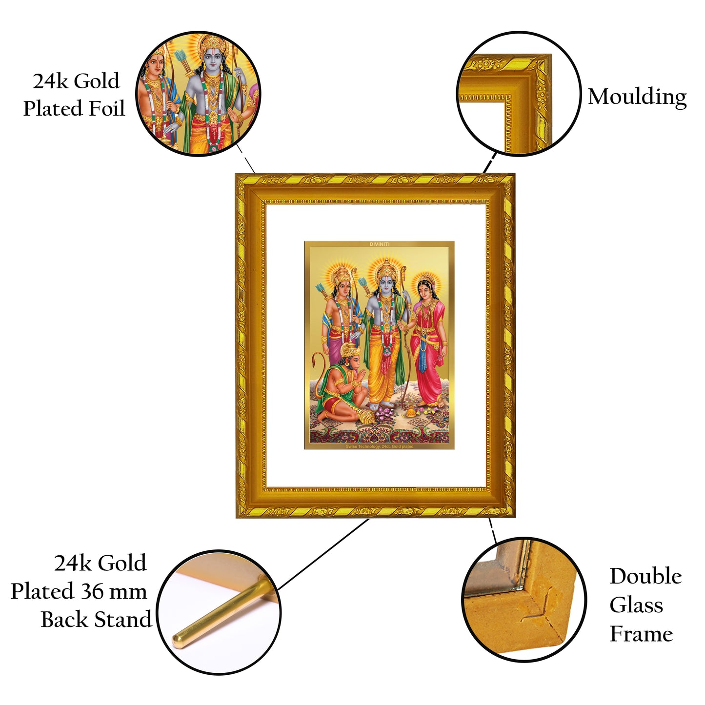 DIVINITI 24K Gold Plated Lord Ram Darbar Wooden Photo Frame Idol for Home Decor, Table Top, Wall Hanging, Workshop, Premium Gift | DG103 Size 2 (22.6x18.4 CM)