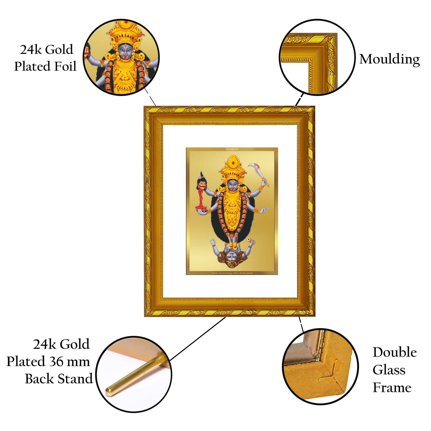 DIVINITI 24K Gold Plated Foil Maa Kali Photo Frame Idol for Home Decor, Puja Room, Table Top, Wall Hanging, Workshop, Gift|DG103 Size 2 (22.6x18.4 CM)