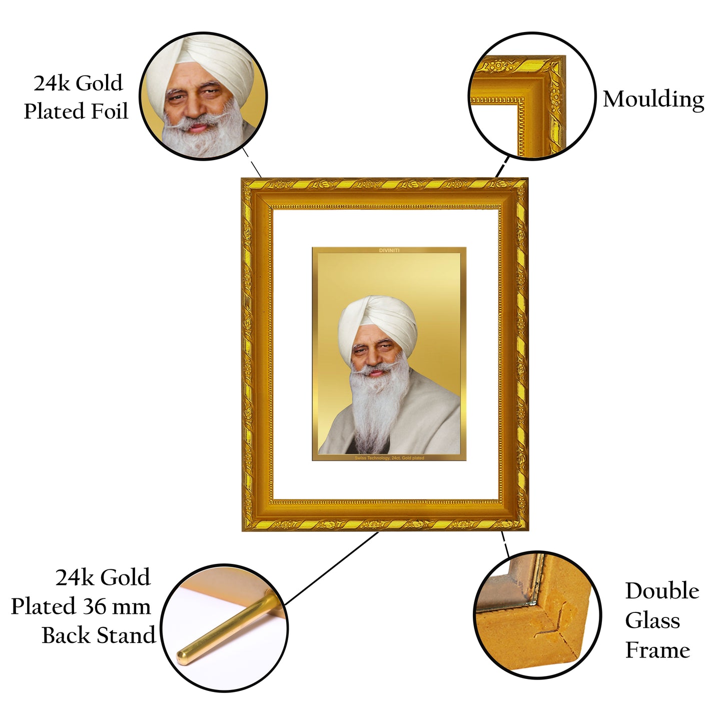 DIVINITI 24K Gold Plated Foil Radha Swami Photo Frame Idol for Home Wall Decor, Workshop, Table Top, Premium Gift|DG103 Size 2 (22.6x18.4 CM)