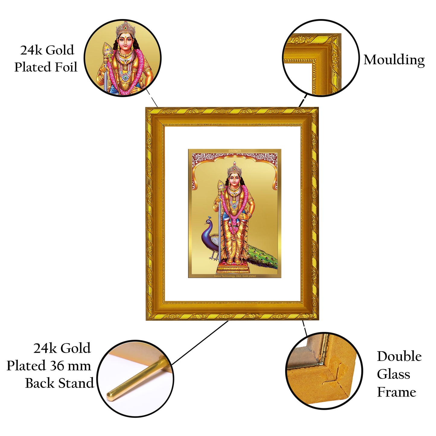 DIVINITI 24K Gold Plated Foil Murugan Photo Frame Idol for Home & Office Decor, Wall Hanging, Workshop, Table Top, Gift|DG103 Size 2 (22.6x18.4 CM)