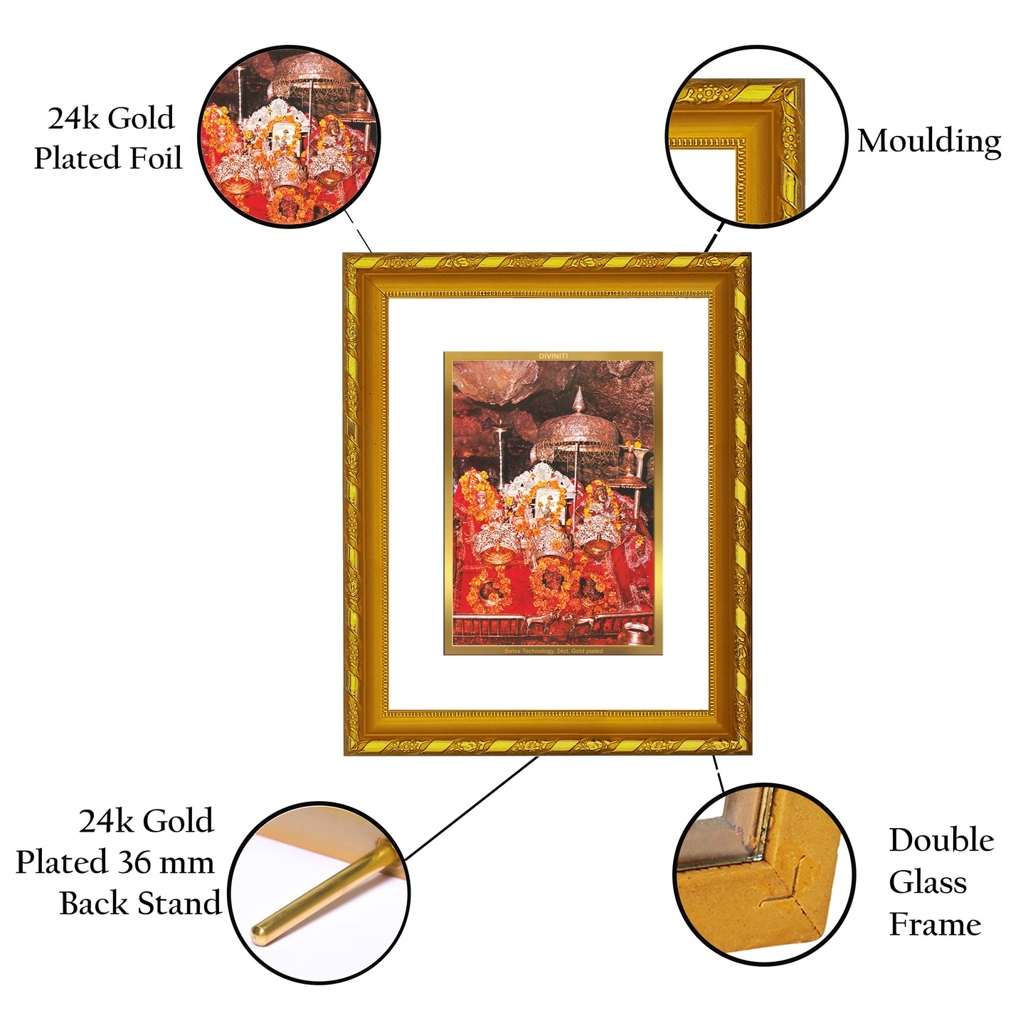 DIVINITI 24K Gold Plated Foil Mata Ka Darbar Wooden Photo Frame Idol for Home Wall Decor, Workshop, Table Top, Gift | DG103 Size 2 (22.6x18.4 CM)