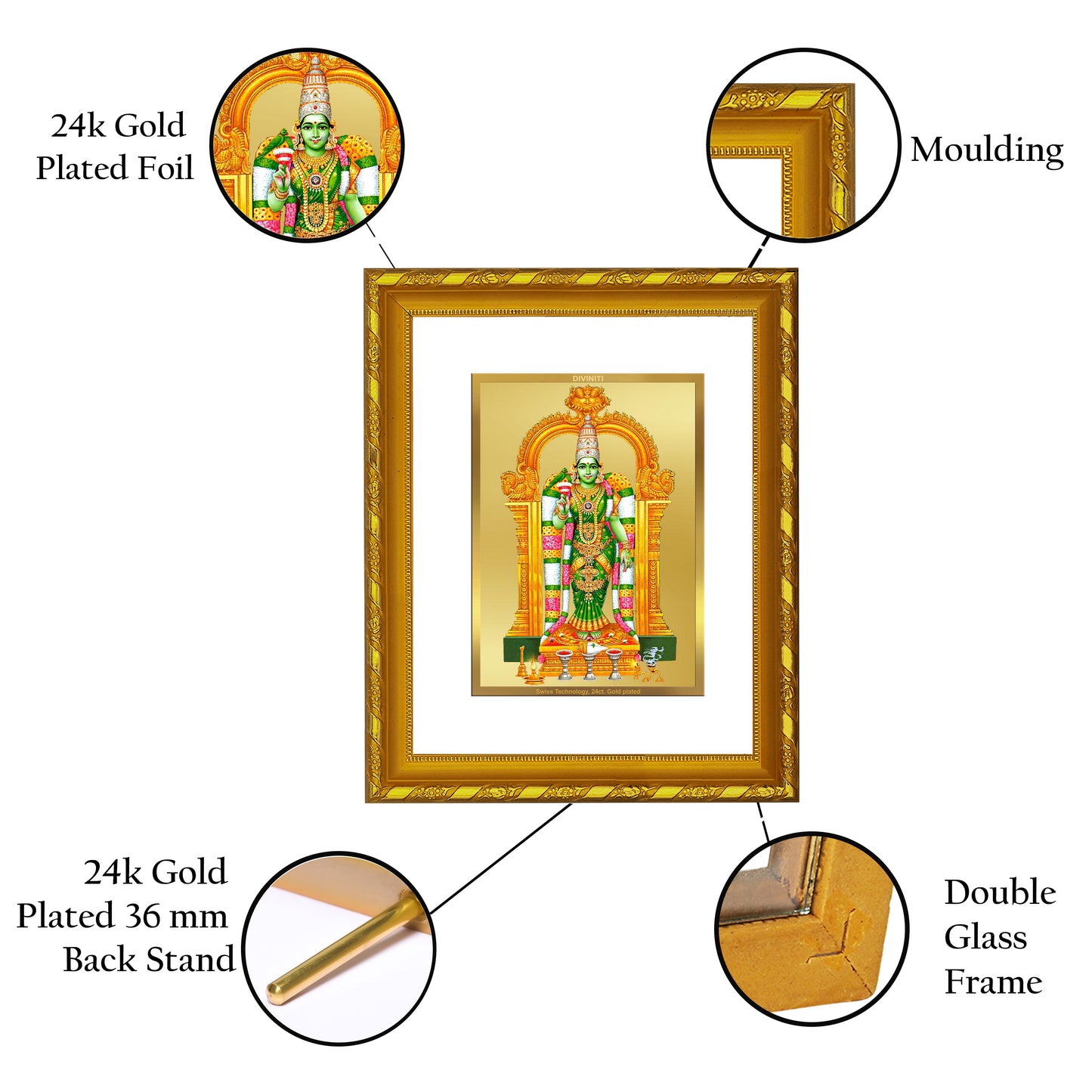 DIVINITI 24K Gold Plated Meenakshi Wooden Photo Frame Idol for Home Decor, Table Top, Wall Hanging, Workshop, Premium Gift | DG103 Size 2 (22.6x18.4 CM)