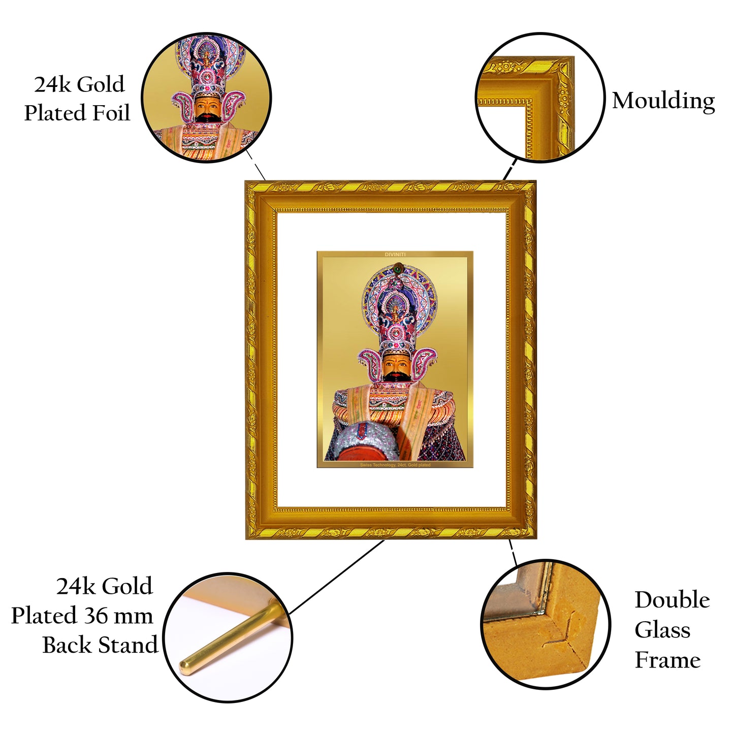 DIVINITI 24K Gold Plated Khatu Shyam Photo Frame Idol for Home Decor, Table Top, Wall Hanging, Workshop, Gift|DG103 Size 2 (22.6x18.4 CM)