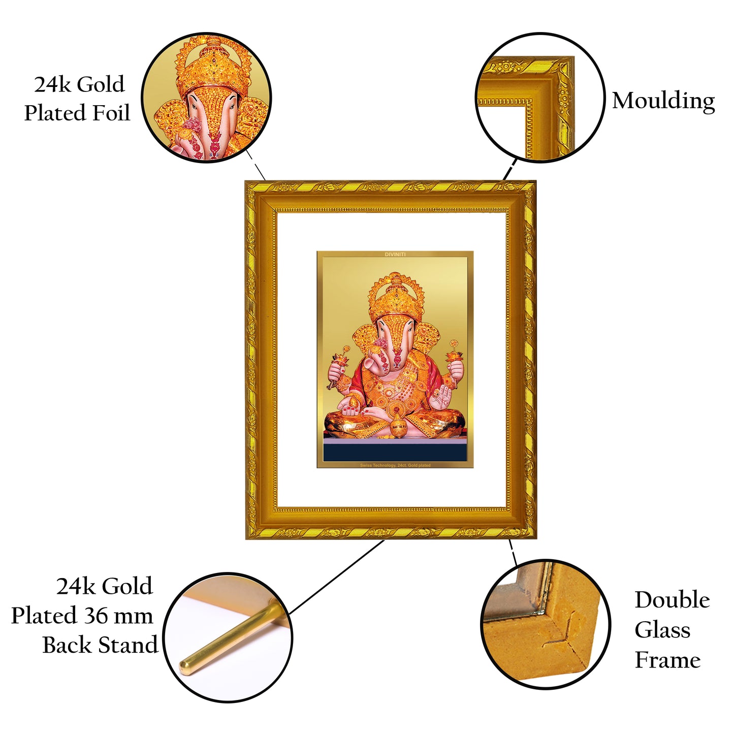 DIVINITI 24K Gold Plated Dagdu Ganesha Wooden Exquisite Photo Frame Idol for Wall Hanging, Table Top, Home Decor, Workshop, Gift Item | DG103 Size 2 (22.6x18.4 CM)