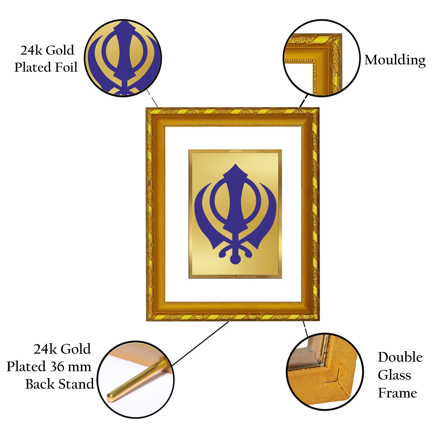 DIVINITI 24K Gold Plated Foil Khanda Sahib Wooden Photo Frame for Home Decor, Puja Room, Table Top, Wall Hanging, Workshop, Gift | DG103 Size 2 (22.6x18.4 CM)