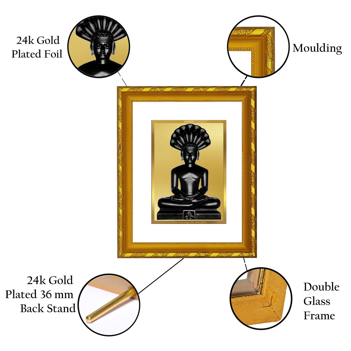 DIVINITI 24K Gold Plated Foil Parshvanatha Photo Frame Idol for Home Decor, Table Top, Wall Hanging, Workshop, Gift|DG103 Size 2 (22.6x18.4 CM)