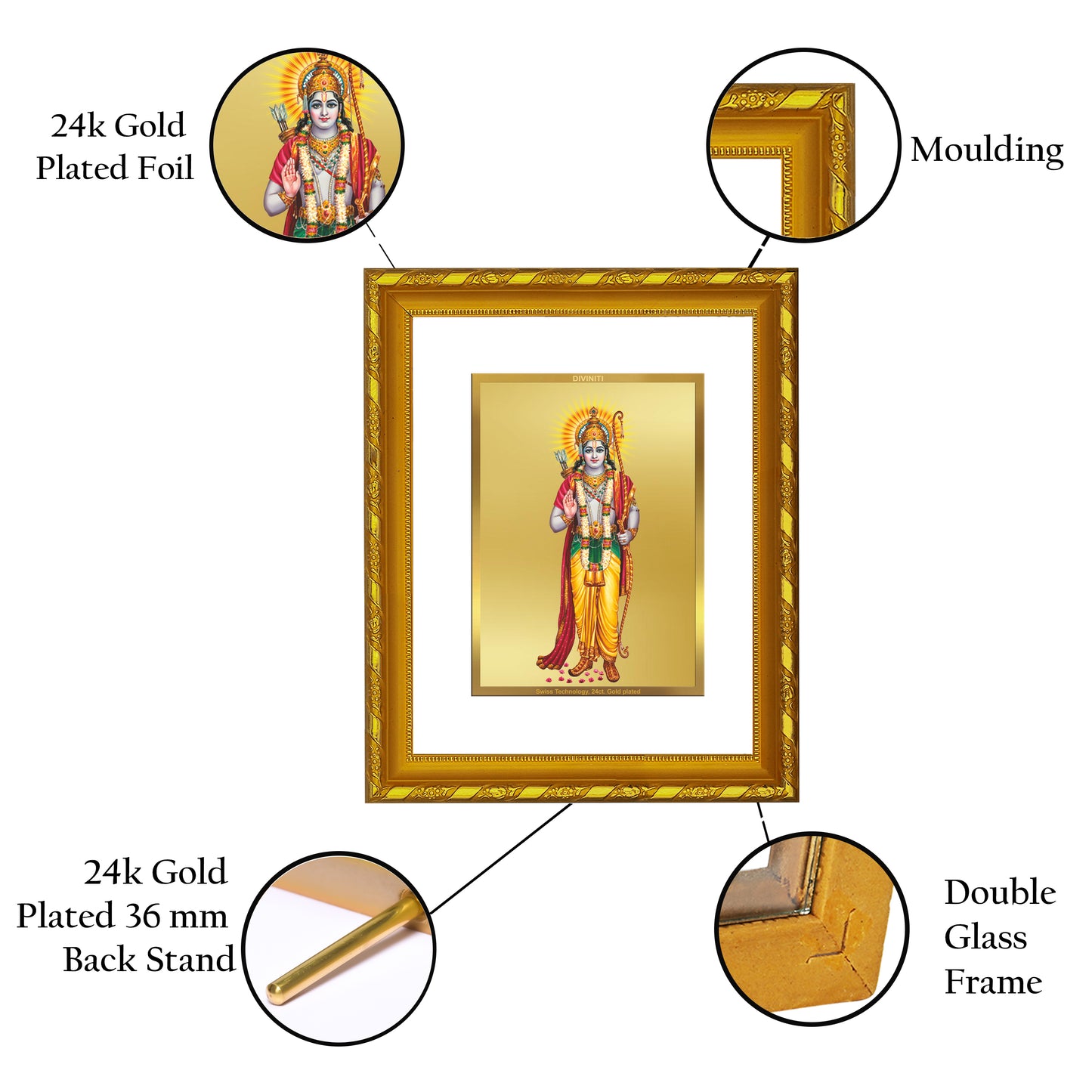 DIVINITI 24K Gold Plated Lord Shri Ram Wooden Premium Photo Frame Idol for Puja Room, Home Wall Decor, Workshop, Table Top, Premium Gift | DG103 Size 2 (22.6x18.4 CM)