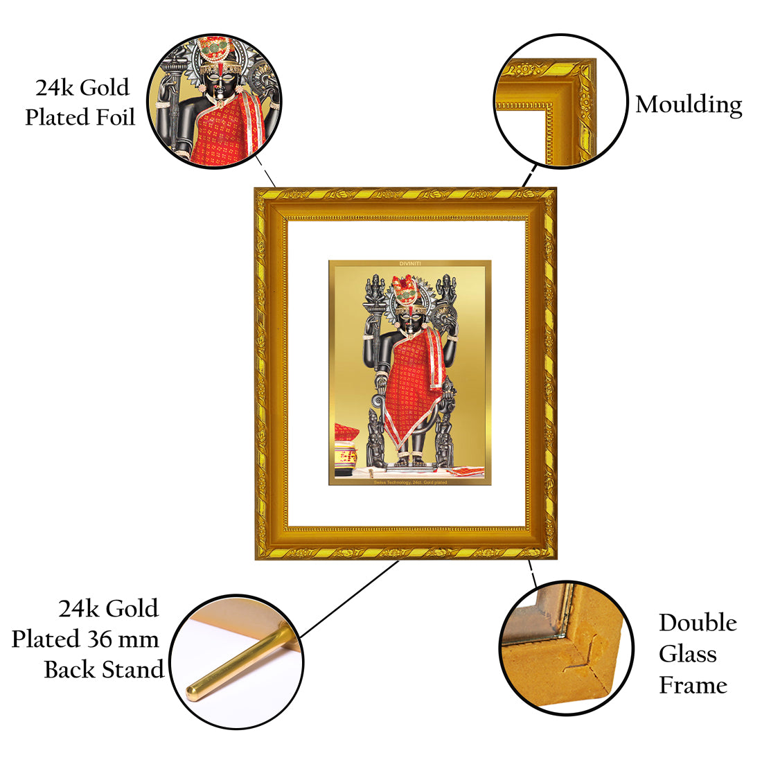 DIVINITI 24K Gold Plated Foil Dwarkadhish Wooden Photo Frame for Wall Hanging, Workshop, Table Top, Home Decor, Luxury Gift | DG103 Size 2 (22.6x18.4 CM)