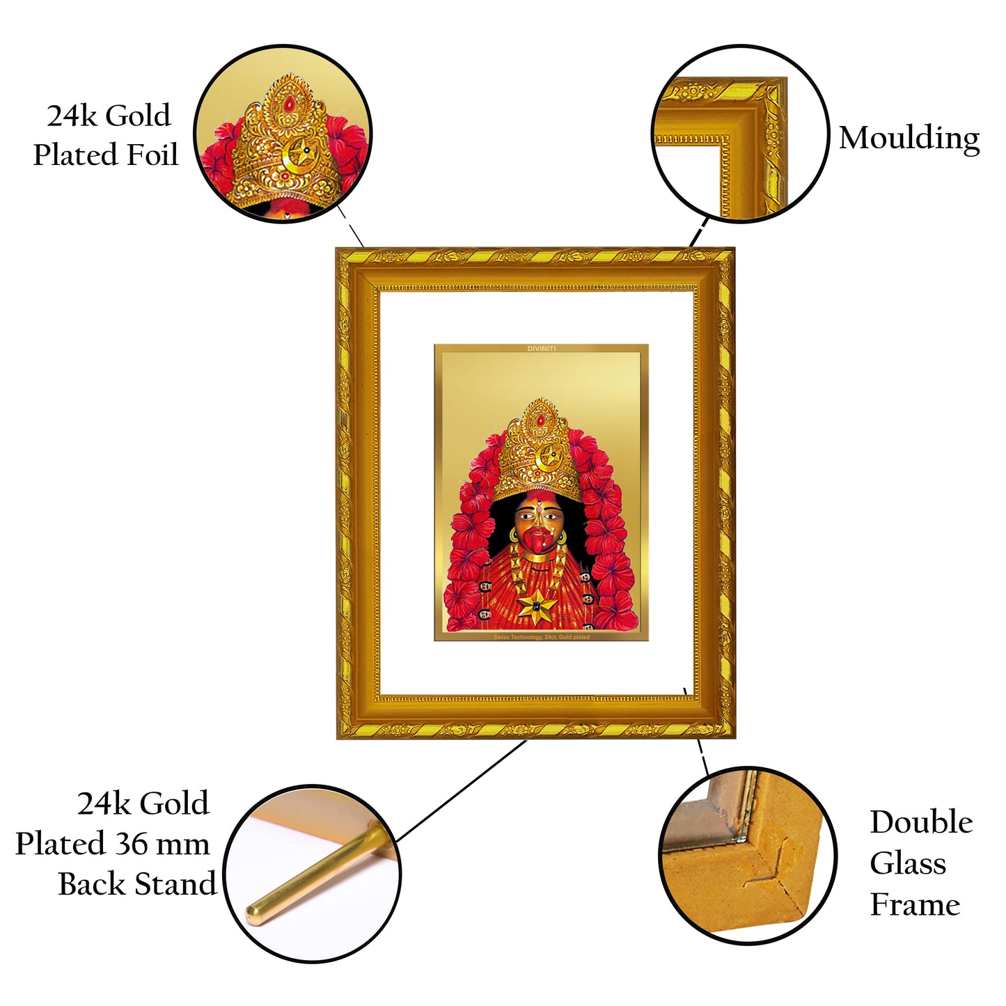 DIVINITI 24K Gold Plated Foil Maa Tara Photo Frame Idol for Home Decor, Table Top, Wall Hanging, Workshop, Gift|DG103 Size 2 (22.6x18.4 CM)