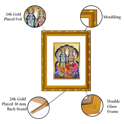 DIVINITI 24K Gold Plated Vishnu Laxmi Wooden Photo Frame Idol for Home Decor, Table Top, Wall Hanging, Workshop, Premium Gift | DG103 Size 2 (22.6x18.4 CM)