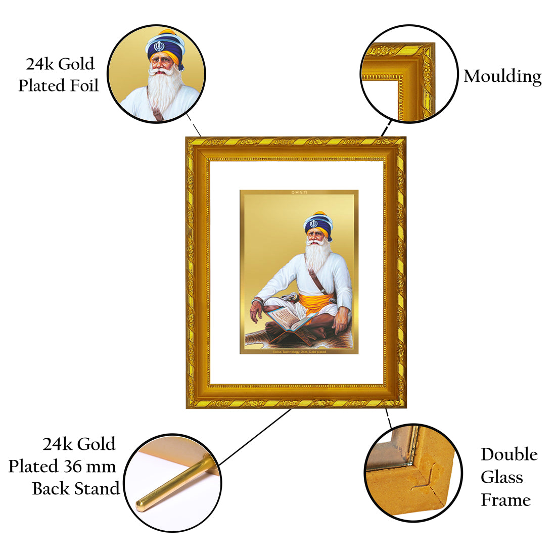 DIVINITI 24K Gold Plated Baba Deep Singh Wooden Premium Photo Frame Idol for Wall Hanging, Workshop, Table Top, Home Decor, Luxury Gift | DG103 Size 2 (22.6x18.4 CM)