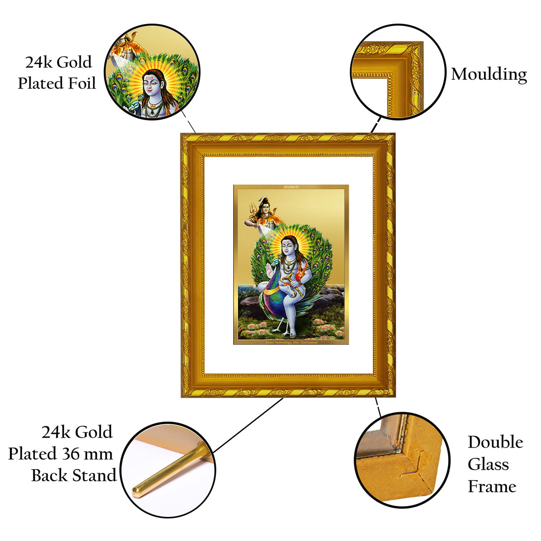 DIVINITI 24K Gold Plated Baba Balak Nath Wooden Luxurious Photo Frame Idol for Home Decor, Table Top, Wall Hanging, Workshop, Premium Gift | DG103 Size 2 (22.6x18.4 CM)