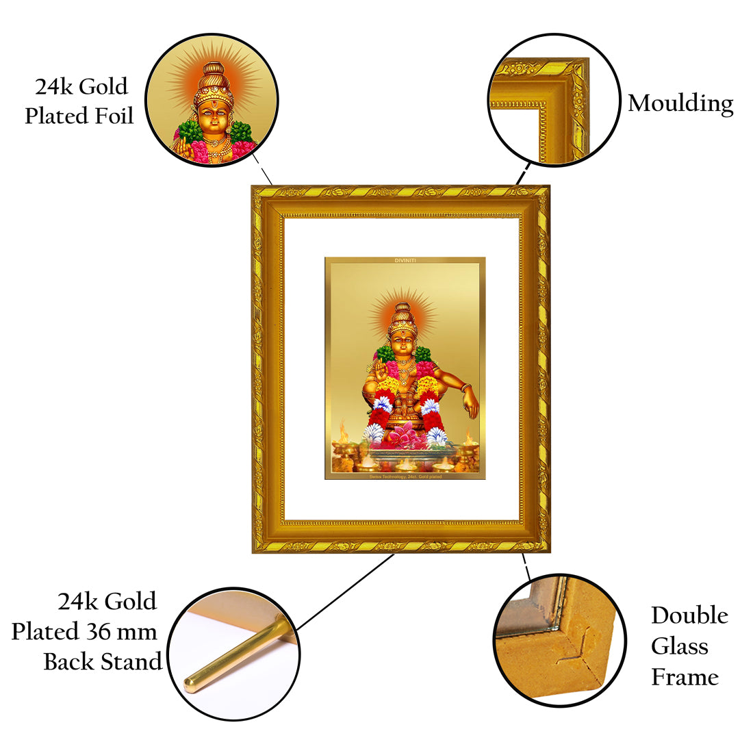 DIVINITI 24K Gold Plated Ayyappan Wooden Religious Photo Frame Idol for Home Decor, Puja Room, Table Top, Wall Hanging, Workshop, Luxurious Gift | DG103 Size 2 (22.6x18.4 CM)