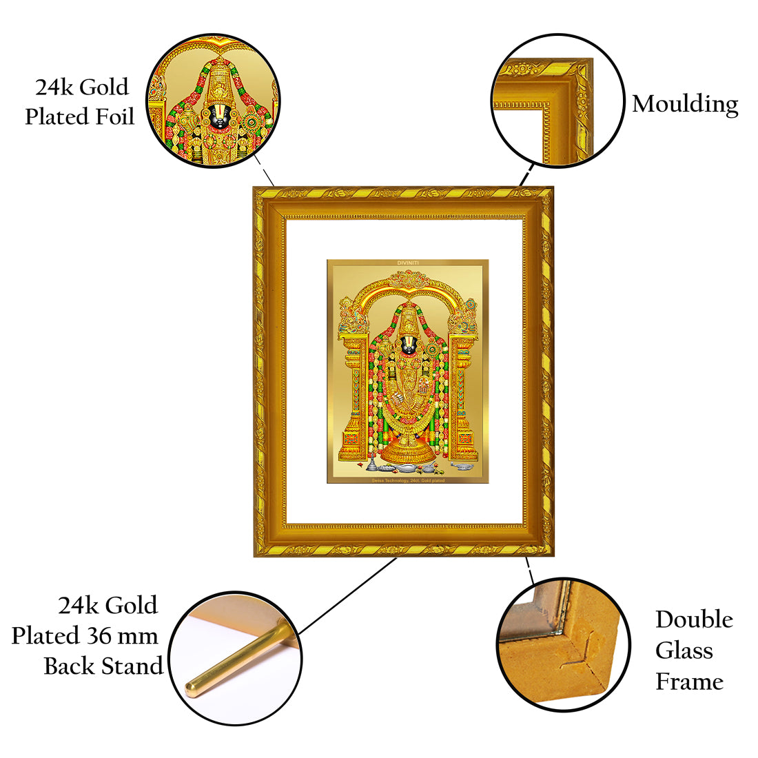 DIVINITI 24K Gold Plated Tirupati Balaji Wooden Luxurious Photo Frame Idol for Home Wall Decor, Workshop, Table Top, Premium Gift | DG103 Size 2 (22.6x18.4 CM)