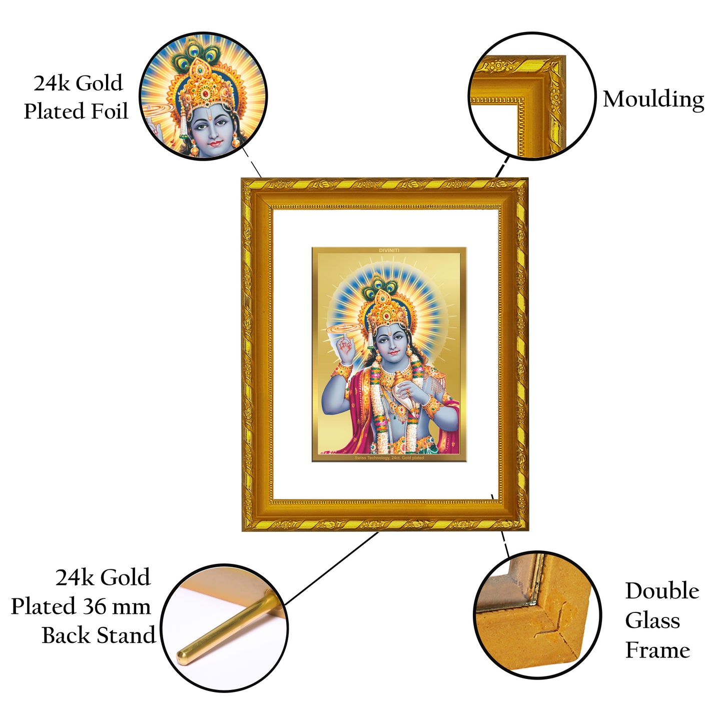 DIVINITI 24K Gold Plated Lord Vishnu Wooden Exquisite Photo Frame Idol for Home Decor, Puja Room, Table Top, Wall Hanging, Workshop, Luxurious Gift | DG103 Size 2 (22.6x18.4 CM)