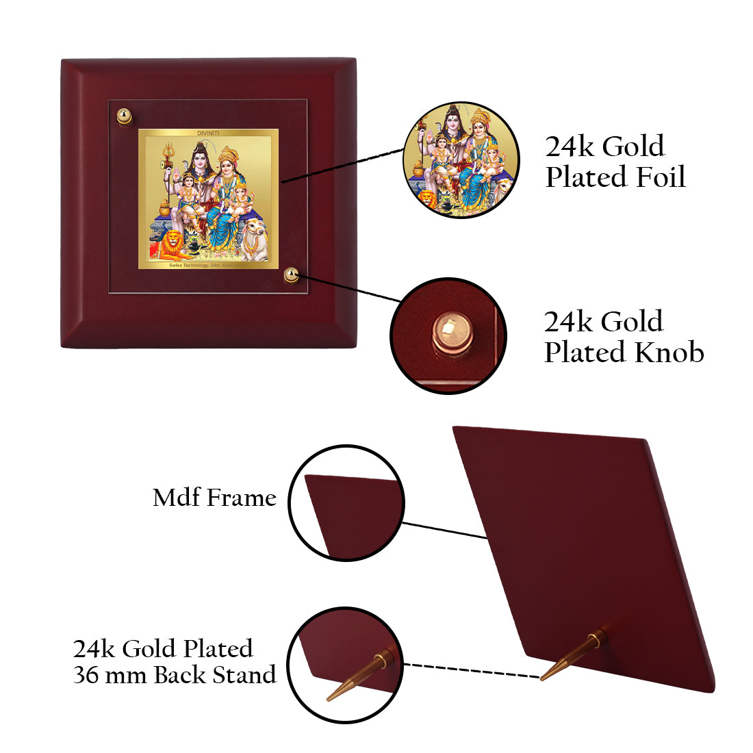 Diviniti 24K Gold Plated Lord Shiv Parivar Photo Frame Love and Faith for Home Decor, Tabletop, Puja Room, Luxury Gift | MDF Size 1A (9.9x9.9 CM)