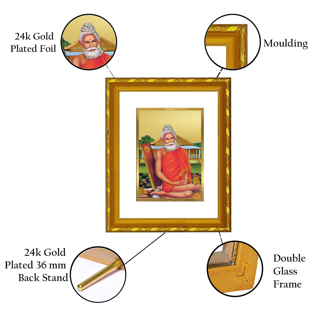 DIVINITI 24K Gold Plated Baba Lokenath Wooden Exquisite Photo Frame Idol for Home & Office Decor, Wall Hanging, Workshop, Table Top, Gift | DG103 Size 2 (22.6x18.4 CM)