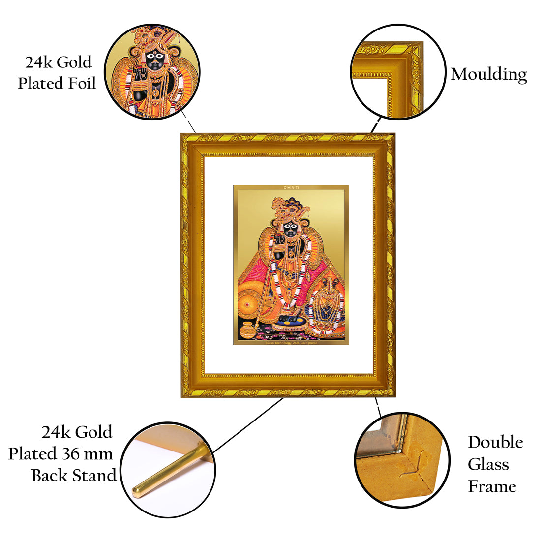 DIVINITI 24K Gold Plated Bankey Bihari Wooden Traditional Photo Frame Idol for Home Decor, Table Top, Wall Hanging, Workshop, Premium Gift | DG103 Size 2 (22.6x18.4 CM)