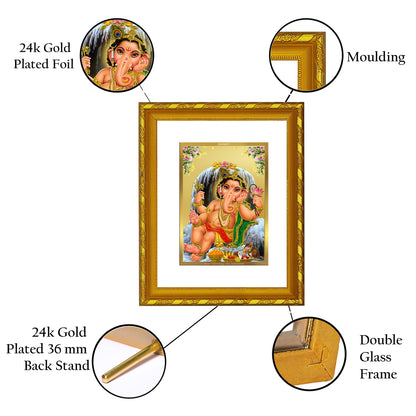 DIVINITI 24K Gold Plated Bal Ganesha Wooden Photo Frame Idol for Home Wall Decor, Workshop, Table Top, Premium Gift | DG103 Size 2 (22.6x18.4 CM)