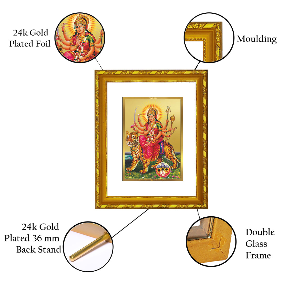 DIVINITI 24K Gold Plated Lord Durga Wooden Elegant Photo Frame Idol for Wall Hanging, Workshop, Table Top, Home Decor, Luxury Gift | DG103 Size 2 (22.6x18.4 CM)