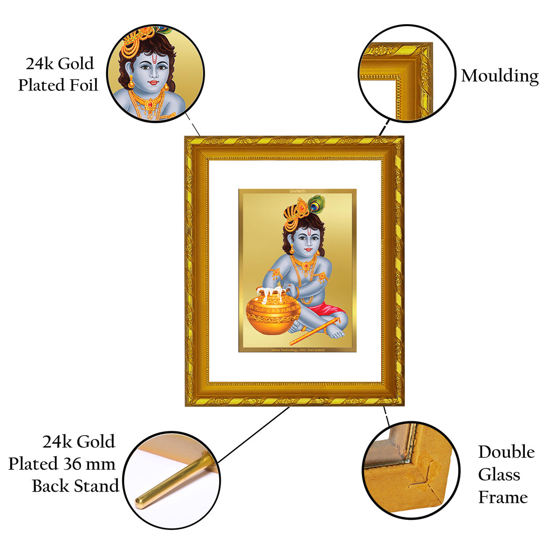 DIVINITI 24K Gold Plated Bal Gopal Wooden Elegant Photo Frame Idol for Puja Room, Home Wall Decor, Workshop, Table Top, Premium Gift | DG103 Size 2 (22.6x18.4 CM)