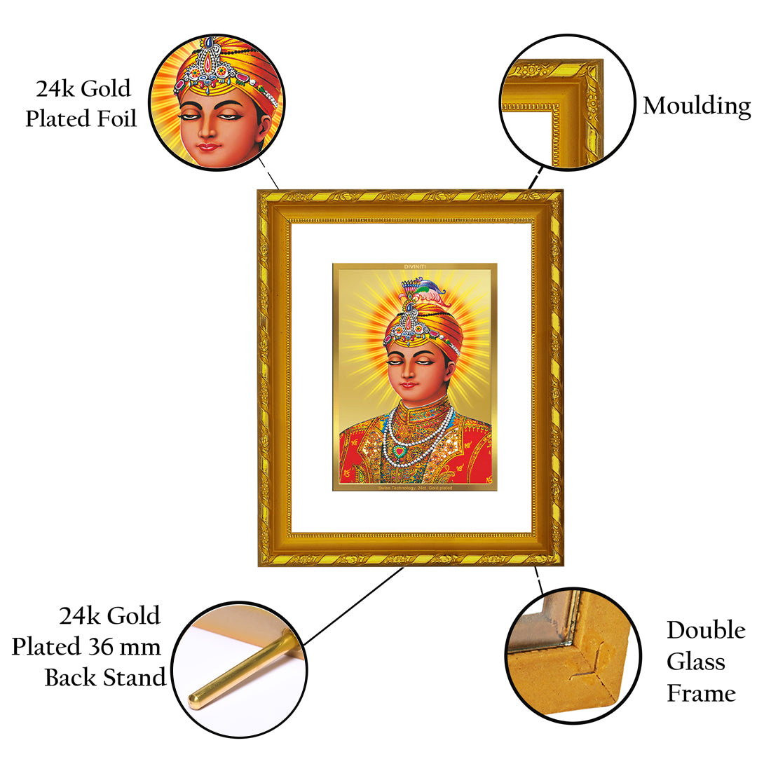 DIVINITI 24K Gold Plated Guru Harkrishan Wooden Photo Frame Idol for Home Decor, Puja Room, Table Top, Wall Hanging, Workshop, Luxurious Gift | DG103 Size 2 (22.6x18.4 CM)