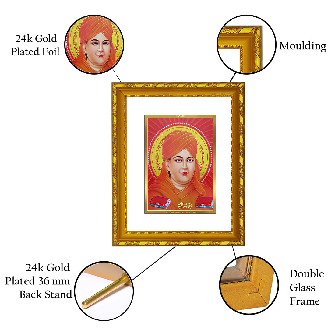 DIVINITI 24K Gold Plated Dayananda Saraswati Wooden Photo Frame Idol for Home Decor, Table Top, Wall Hanging, Workshop, Premium Gift | DG103 Size 2 (22.6x18.4 CM)