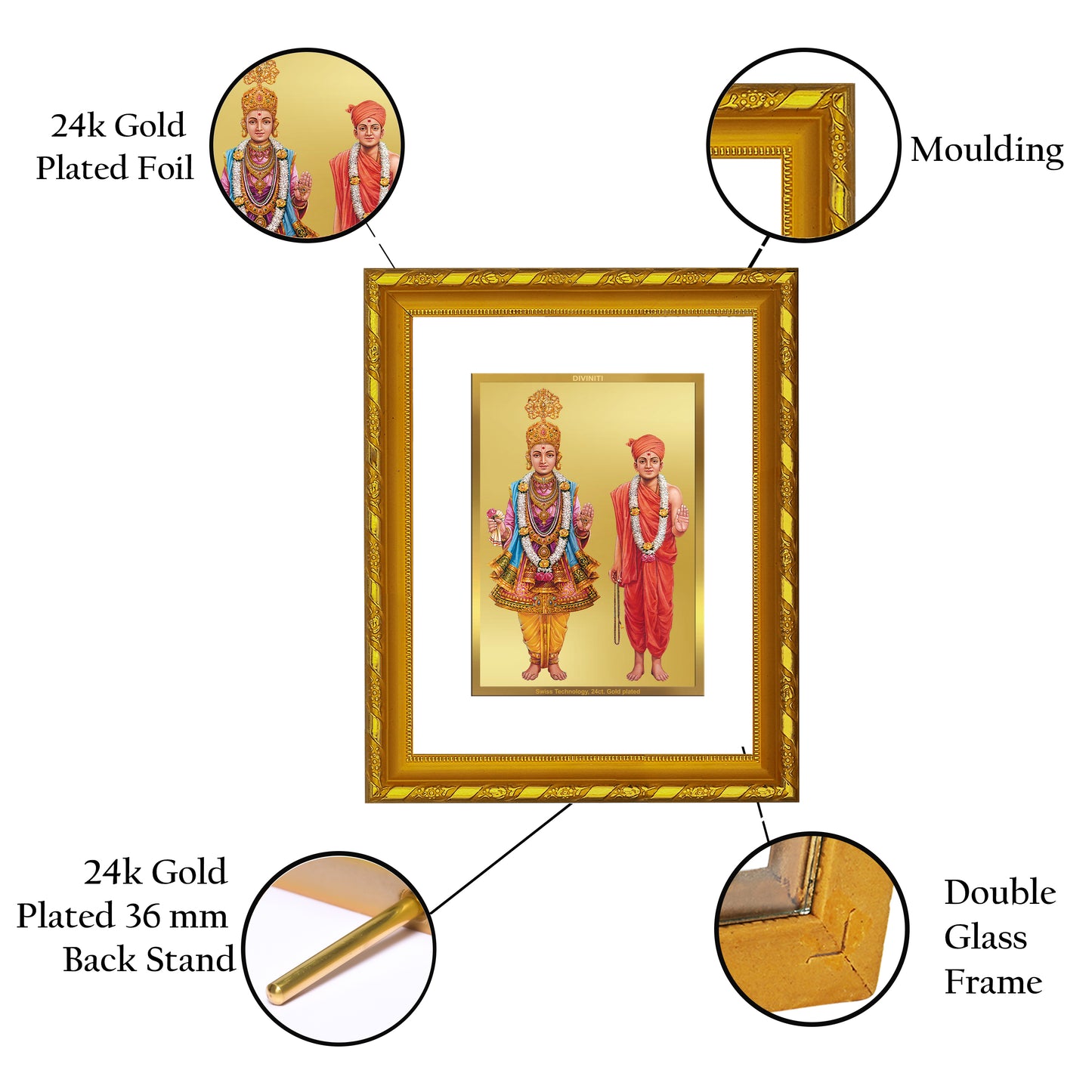 DIVINITI 24K Gold Plated Swami Narayan Wooden Modern Photo Frame Idol for Wall Hanging, Workshop, Table Top, Home Decor, Luxury Gift | DG103 Size 2 (22.6x18.4 CM)