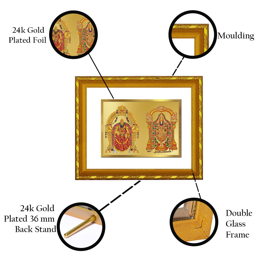 DIVINITI 24K Gold Plated Padmavathi Balaji Wooden Elegant Photo Frame Idol for Puja Room, Home Wall Decor, Workshop, Table Top, Premium Gift | DG103 Size 2 (22.6x18.4 CM)